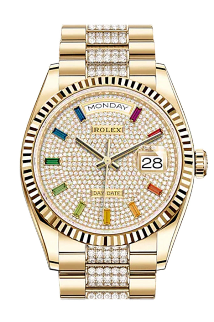 Rolex Day-Date 36 Diamond-Paved Dial 18K Yellow Gold Watch Diamond Set President Bracelet 128238