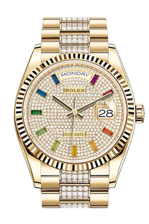 ROLEX Day-Date 36 Diamond-Paved Dial 18K Yellow Gold Watch Diamond set president Bracelet 128238
