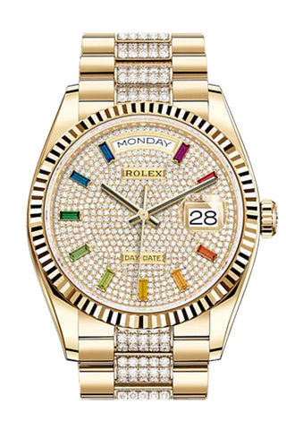 Rolex Day-Date 36 Diamond-Paved Dial 18K Yellow Gold Watch Diamond Set President Bracelet 128238