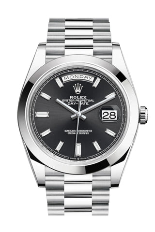 Rolex Day-Date 40 Black Baguette Diamond Dial Dome Bezel Platinum President Automatic Men’s Watch