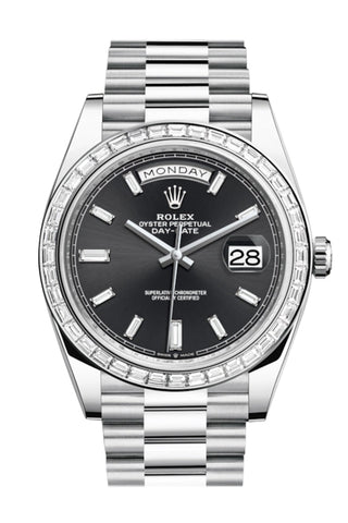 Rolex Day-Date 40 Black Baguette Diamond Dial Bezel Platinum President Automatic Men’s Watch