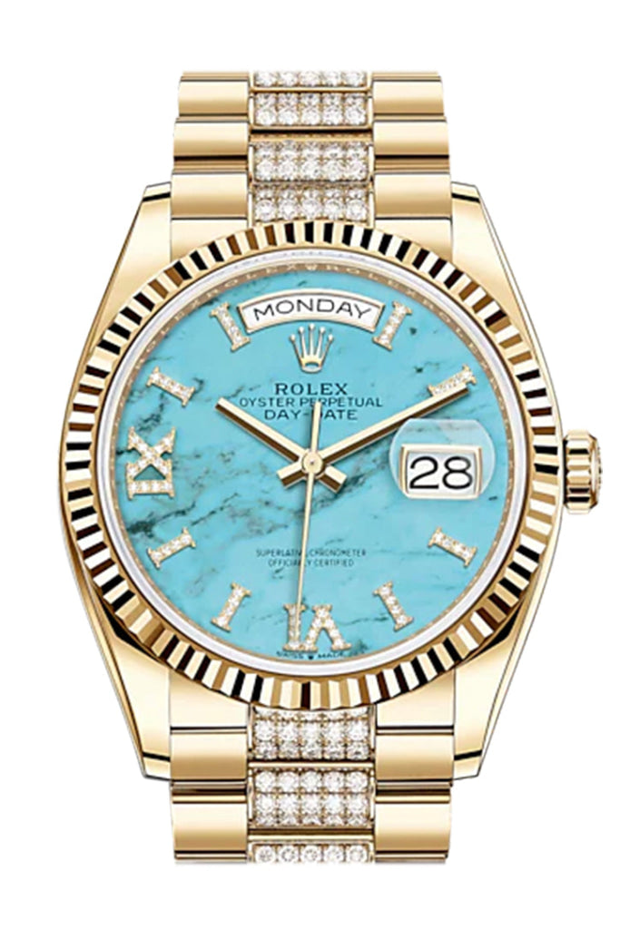 Rolex Day-Date 36 Turquoise Dial 18K Yellow Gold Watch Diamond Set President Bracelet 128238