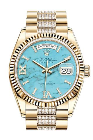 Rolex Day-Date 36 Turquoise Dial 18K Yellow Gold Watch Diamond Set President Bracelet 128238