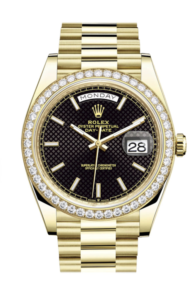 Rolex Day-Date 40 Black Motif Dial Diamond Bezel 18K Yellow Gold President Men’s Watch 228348Rbr Dc