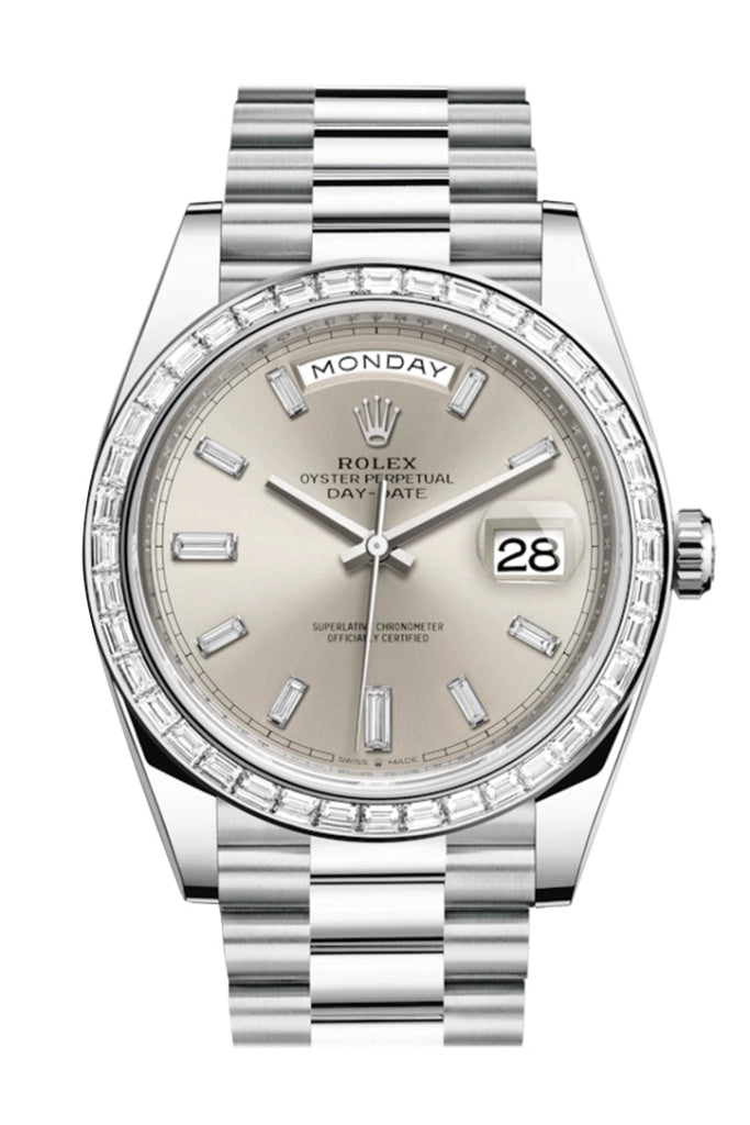 Rolex Day-Date 40 Silver Baguette Diamond Dial Bezel Platinum President Automatic Men’s Watch