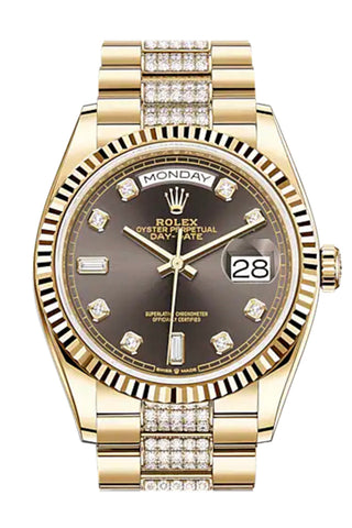 Rolex Day-Date 36 Dark Grey Dial 18K Yellow Gold Watch Diamond Set President Bracelet 128238