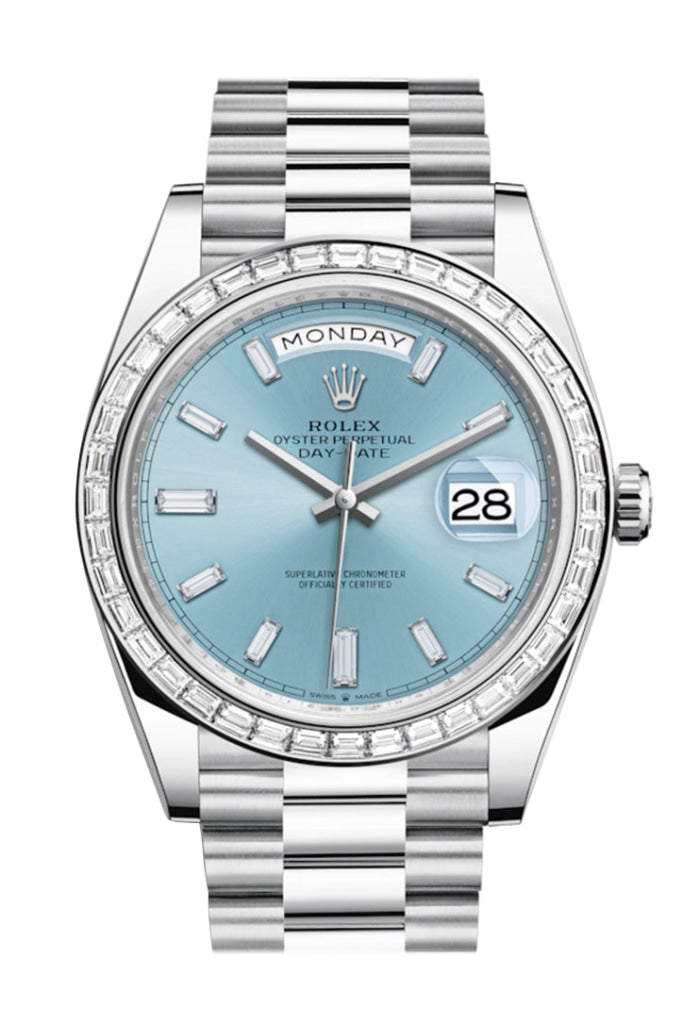 Rolex Day-Date 40 Ice Blue Baguette Diamond Dial Bezel Platinum President Automatic Men’s Watch