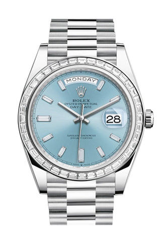 Rolex Day-Date 40 Ice Blue Baguette Diamond Dial Bezel Platinum President Automatic Men’s Watch