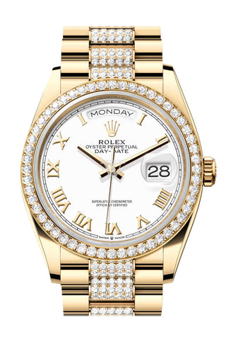 Rolex Day-Date 36 White Roman Dial Gold Diamond Bezel Watch 128348RBR-0043 128348RBR