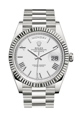 Rolex Day-Date 40 White Roman Dial Fluted Bezel Gold President Automatic Men’s Watch 228239