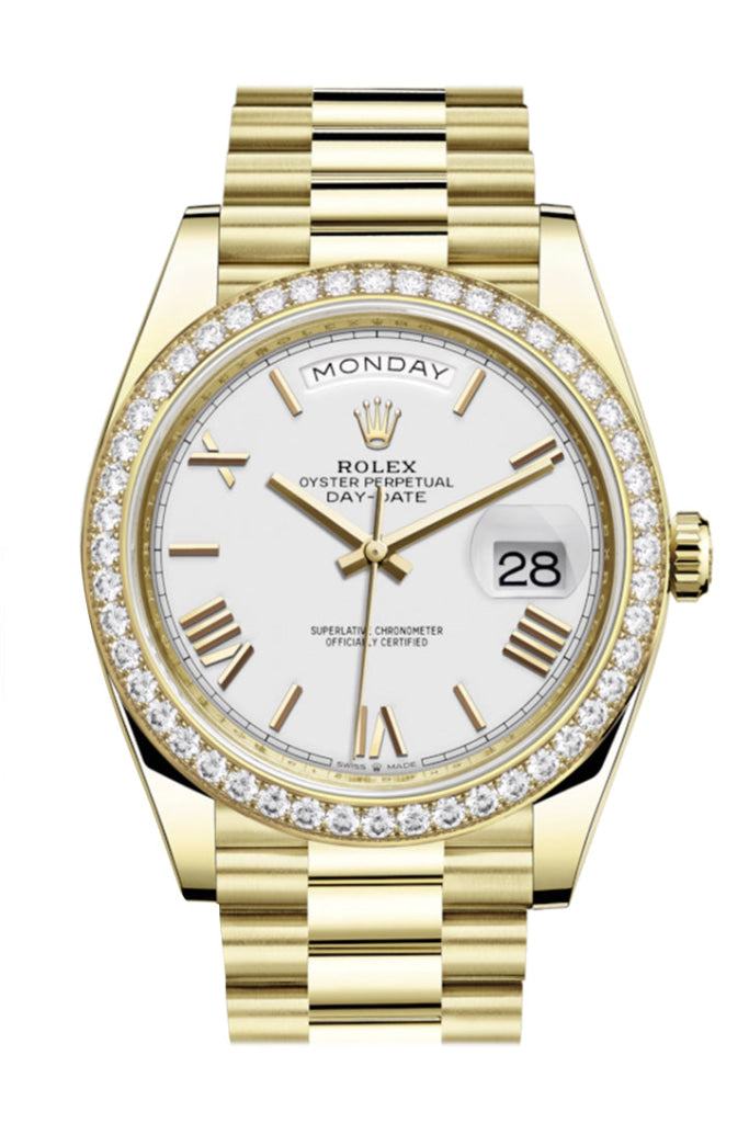 Rolex Day-Date 40 White Roman Dial Diamond Bezel 18K Yellow Gold President Automatic Men’s Watch