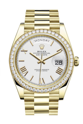 Rolex Day-Date 40 White Roman Dial Diamond Bezel 18K Yellow Gold President Automatic Men’s Watch