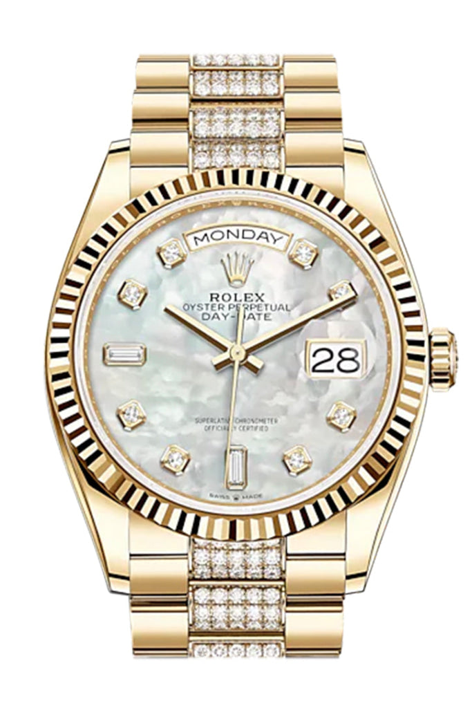 Rolex Day-Date 36 White Mother-Of-Pearl Diamond Dial 18K Yellow Gold Watch Set President Bracelet