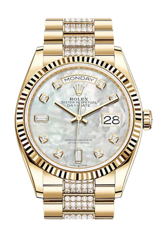 Rolex Day-Date 36 White Mother-Of-Pearl Diamond Dial 18K Yellow Gold Watch Set President Bracelet