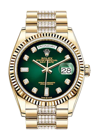 Rolex Day-Date 36 Green Ombre Diamond-Set Dial 18K Yellow Gold Watch Diamond Set President Bracelet