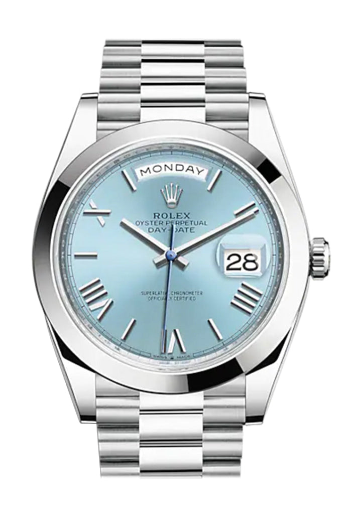 Rolex Day-Date 40 Ice Blue Dial Roman Dome Bezel Platinum President Automatic Men’s Watch 228206 Dc