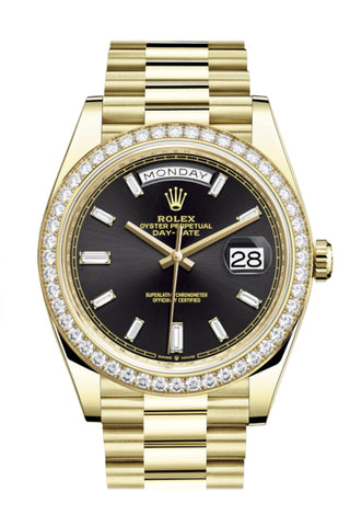 Rolex Day-Date 40 Black Baguette Diamond Dial Bezel 18K Yellow Gold President Automatic Men’s