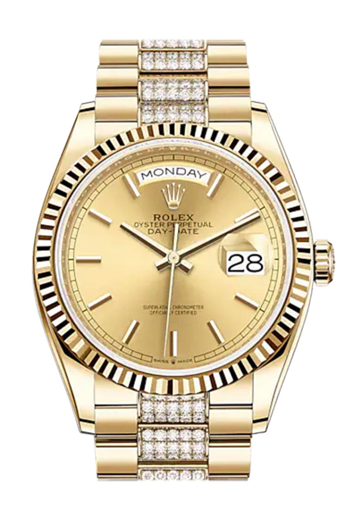 Rolex Day-Date 36 Champagne Stick Dial 18K Yellow Gold Watch Diamond Set President Bracelet 128238