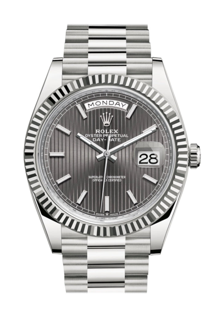 Rolex Day-Date 40 Dark Rhodium Stripe Motif Dial Fluted Bezel White Gold President Automatic