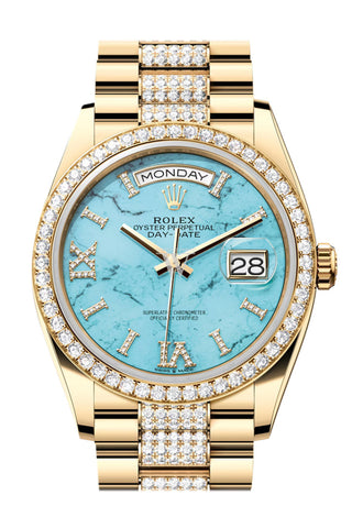 Rolex Day-Date 36 Dark Turquoise Diamond Dial Gold Diamond Bezel Watch 128348RBR-0038 128348RBR