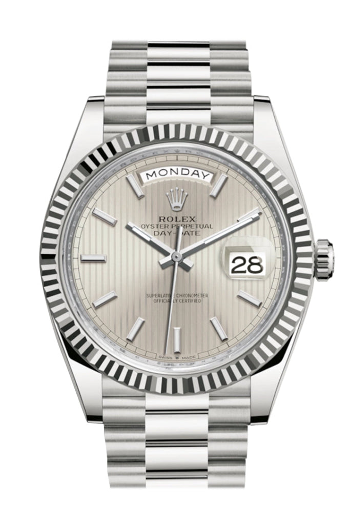 Rolex Day-Date 40 Silver Stripe Motif Dial Fluted Bezel White Gold President Automatic Men’s