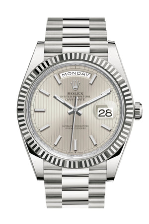 Rolex Day-Date 40 Silver Stripe Motif Dial Fluted Bezel White Gold President Automatic Men's Watch 228239 DC