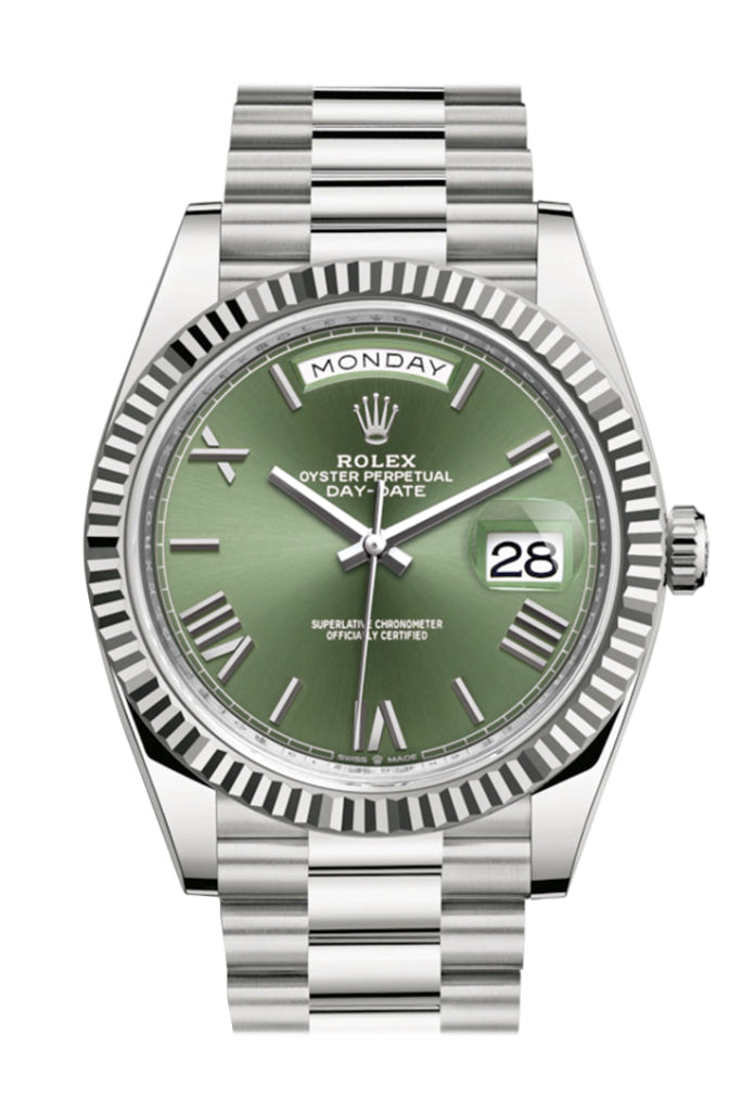 Rolex Day-Date 40 Olive Green Roman Dial Fluted Bezel White Gold President Automatic Men’s Watch