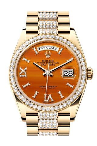 Rolex Day-Date 36 Carnelian Dial Gold Diamond Bezel Watch 128348Rbr-0050 128348Rbr