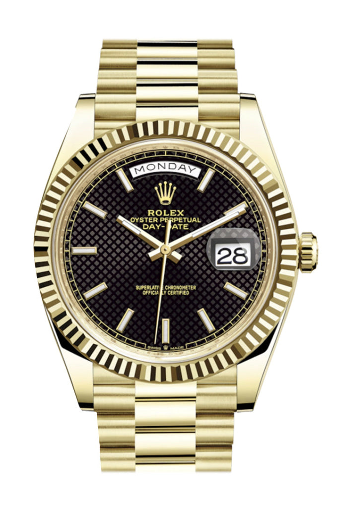 Rolex Day Date 40 Black Diagonal Motif Dial 18K Yellow Gold Fluted Bezel President Mens Watch