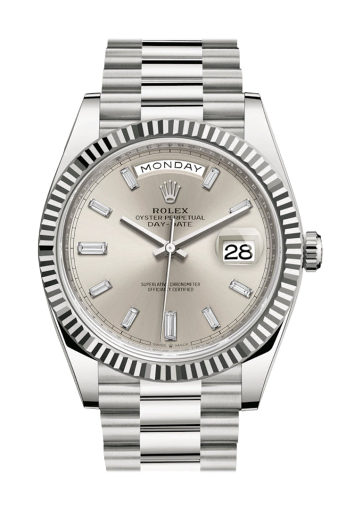 Rolex Day-Date 40 Silver Diamond Dial Fluted Bezel White Gold President Automatic Men’s Watch 228239