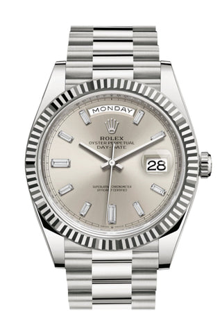 Rolex Day-Date 40 Silver Diamond Dial Fluted Bezel White Gold President Automatic Men’s Watch 228239