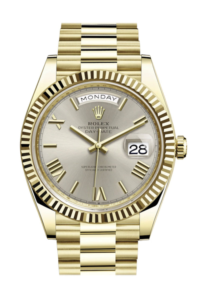 Rolex Day-Date 40 Silver Roman Dial 18K Yellow Gold President Automatic Men’s Watch 228238