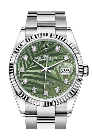 Rolex Datejust 36 Olive Green Palm Motif Diamond Dial Fluted Watch 126234