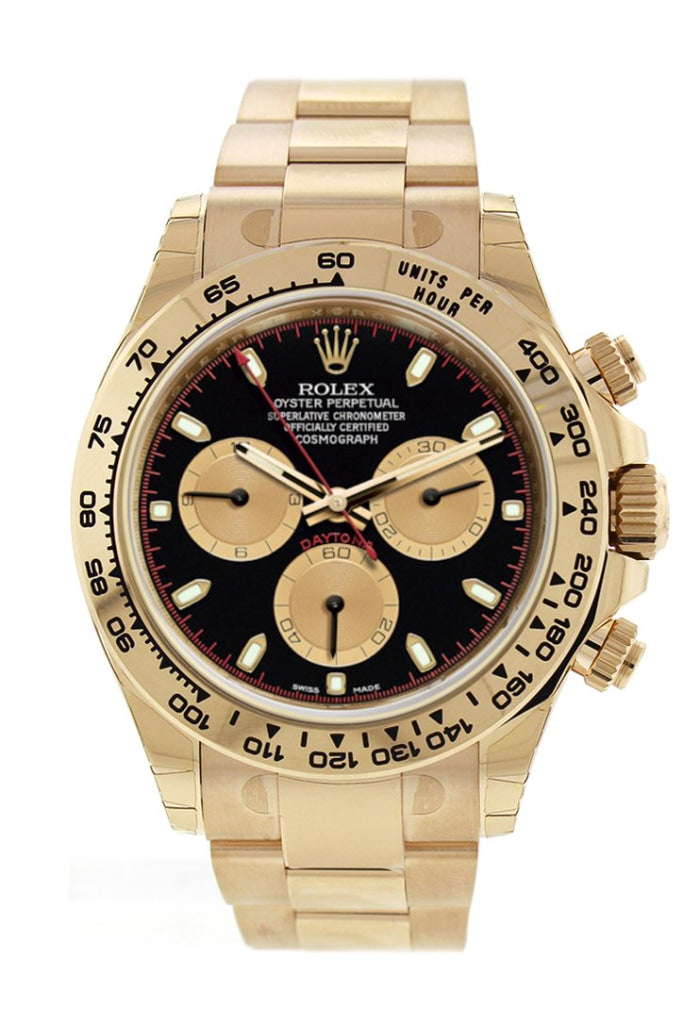 Rolex Cosmograph Daytona Black And Champagne Dial Mens 18Kt Yellow Gold Oyster Watch 116508