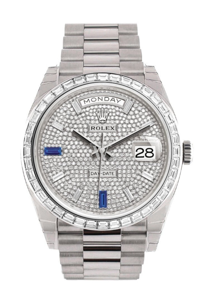 Rolex Day-Date 40 Paved Diamond Sapphires Dial Baguette Bezel Platinum President Automatic Mens