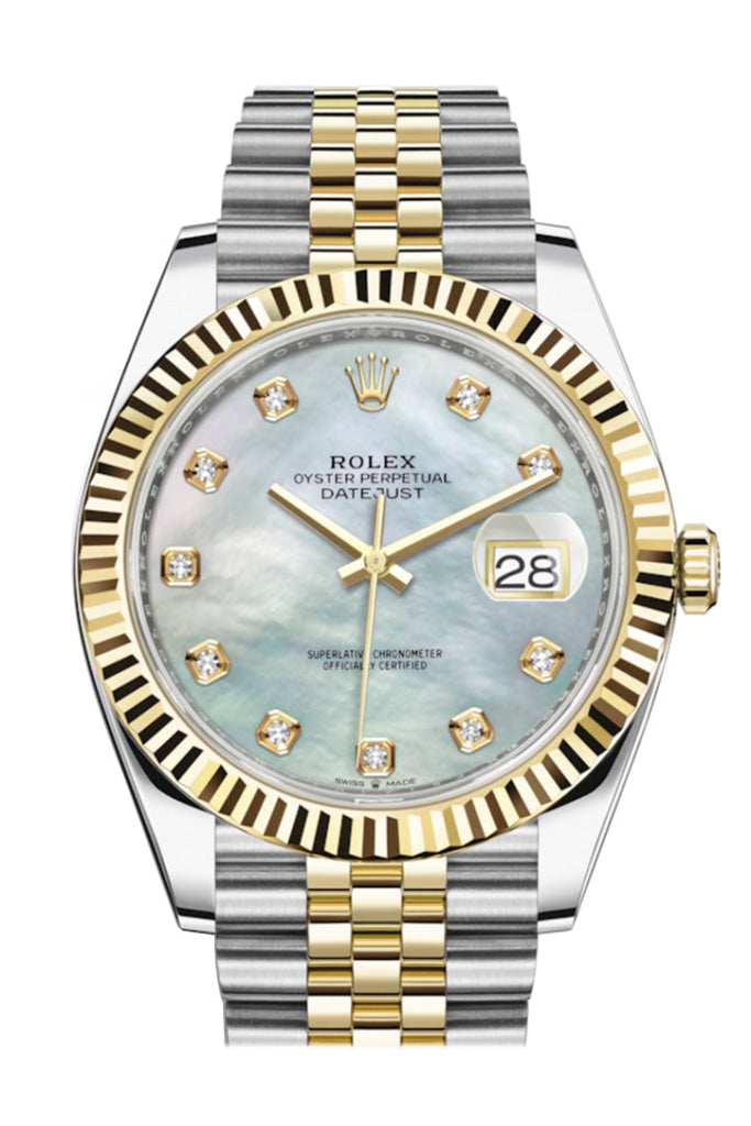 Rolex Datejust 41 Mother Of Pearl Diamond Dial Fluted Bezel 18K Yellow Gold Jubilee Mens Watch