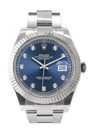Rolex Datejust 41 Blue Set with Diamonds Dial White Gold Fluted Bezel Mens Watch 126334