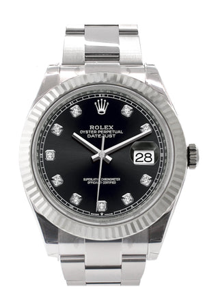 Rolex Datejust 41 Black Set with Diamonds Dial White Gold Fluted Bezel Mens Watch 126334