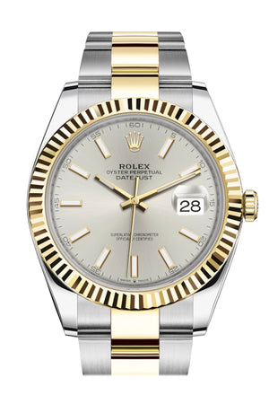 Rolex Datejust 41 Silver Dial Fluted Bezel 18k Yellow Gold Mens Watch 126333