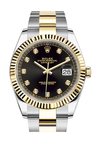 Rolex Datejust 41 Black Diamond Dial Fluted Bezel 18K Yellow Gold Mens Watch 126333