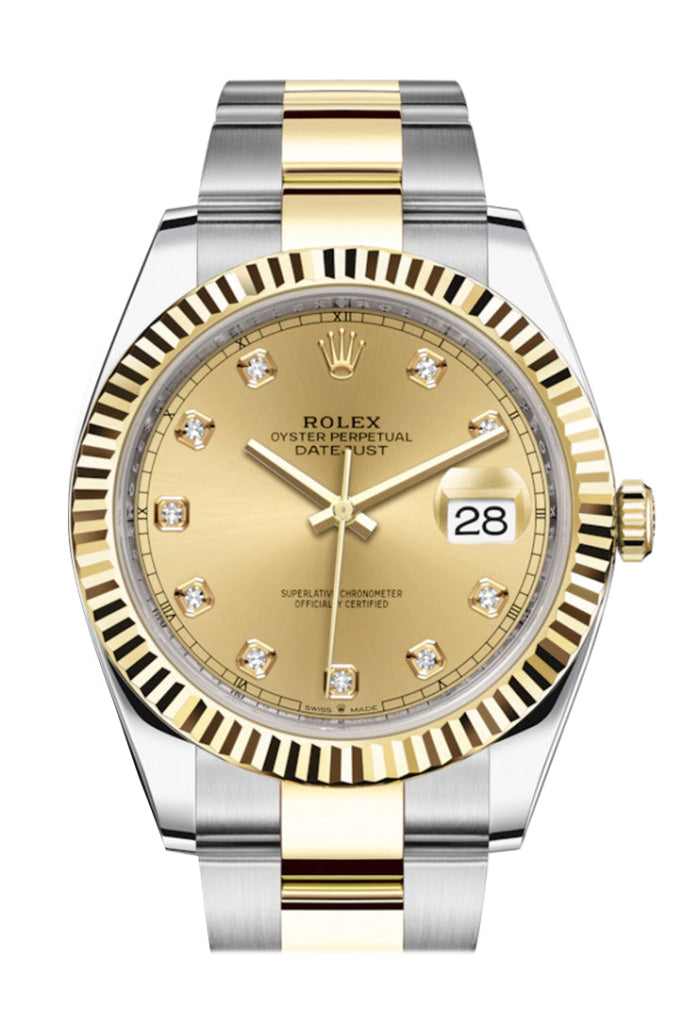 Rolex Datejust 41 Champagne Diamond Fluted Bezel 18K Yellow Gold Mens Watch 126333