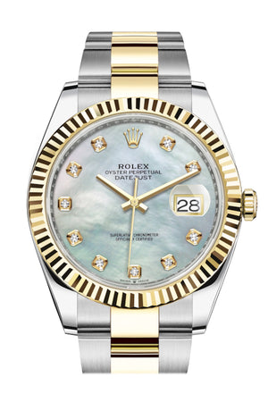 Rolex Datejust 41 Mother of Pearl Diamond Dial Fluted Bezel 18k Yellow Gold Mens Watch 126333
