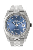 Rolex Datejust 41 Blue Roman Dial White Gold Fluted Bezel Jubilee Mens Watch 126334