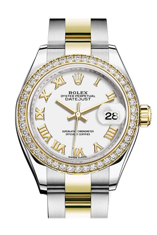 Rolex Datejust 28 White Roman Dial Diamond Bezel Yellow Gold Ladies Watch 279383Rbr 279383