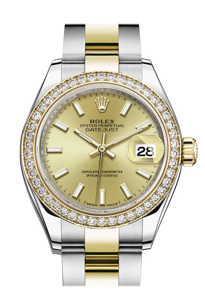 Rolex Datejust 28 Champagne Dial Diamond Bezel Yellow Gold Ladies Watch 279383Rbr 279383