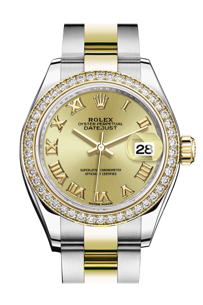 Rolex Datejust 28 Champagne Roman Dial Diamond Bezel Yellow Gold Ladies Watch 279383Rbr 279383