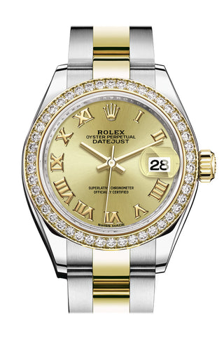 Rolex Datejust 28 Champagne Roman Dial Diamond Bezel Yellow Gold Ladies Watch 279383Rbr 279383