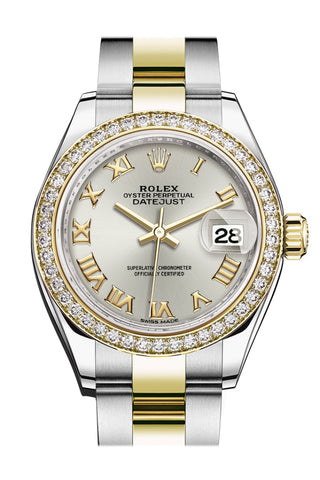 Rolex Datejust 28 Silver Roman Dial Diamond Bezel Yellow Gold Ladies Watch 279383Rbr 279383