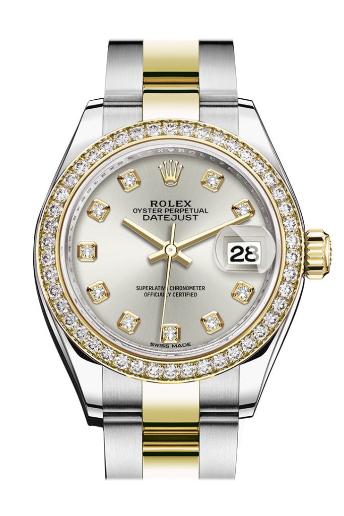 Rolex Datejust 28 Silver Set With Diamonds Dial Diamond Bezel Yellow Gold Ladies Watch 279383Rbr