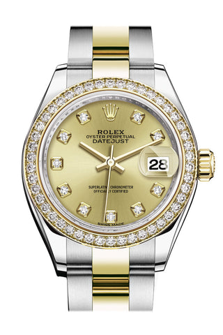 Rolex Datejust 28 Champagne Set With Diamonds Dial Diamond Bezel Yellow Gold Ladies Watch 279383Rbr